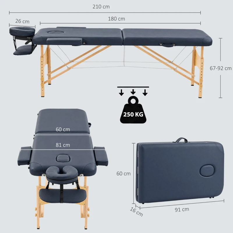 HOMCOM Portable Massage Bed, Folding Spa Beauty Massage Table with 2 Sections, Carry Bag and Wooden Frame, Dark Blue