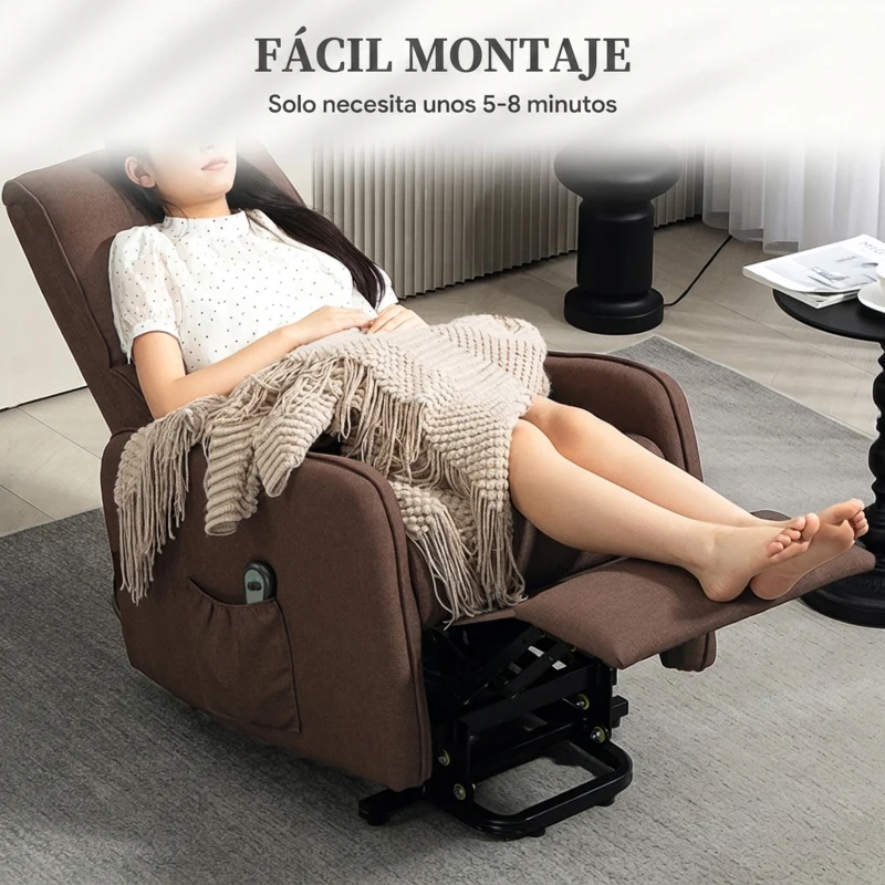 HOMCOM Sillón Relax Reclinable Eléctrico Levanta Personas de Tela Lino Control Remoto Asiento con Muelles Reposapiés Marrón