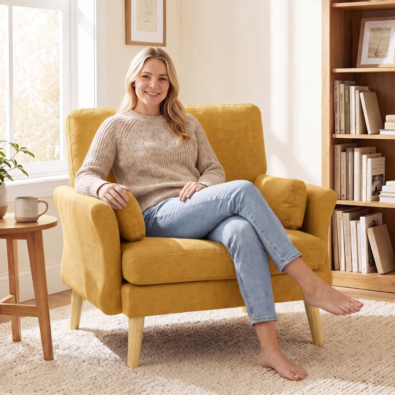 HOMCOM Fluwelen fauteuil, extra brede accentstoel met houten poten, leesfauteuil voor woon- en slaapkamer, geel
