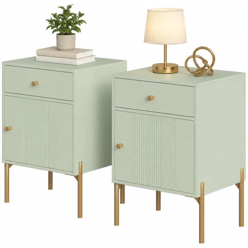 HOMCOM Modern Bedside Tables Set of 2, Side Tables with Drawer and Metal Legs for Living Room, Bedroom, Light Green