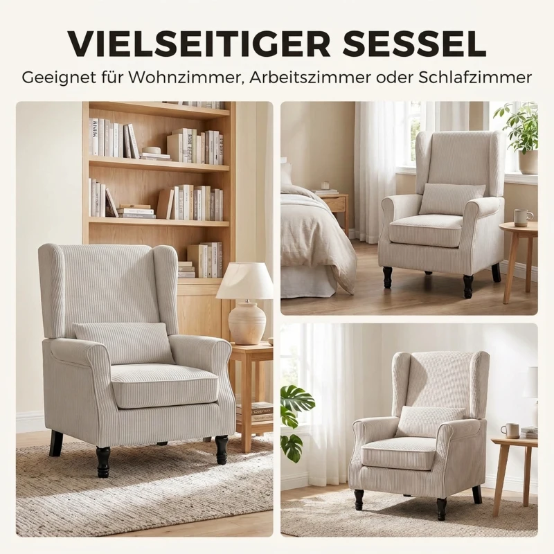 HOMCOM Sessel Ohrensessel mit Armlehnen, Cord-Optik Loungesessel mit Lendenkissen, Hoher Rückenlehne Beige