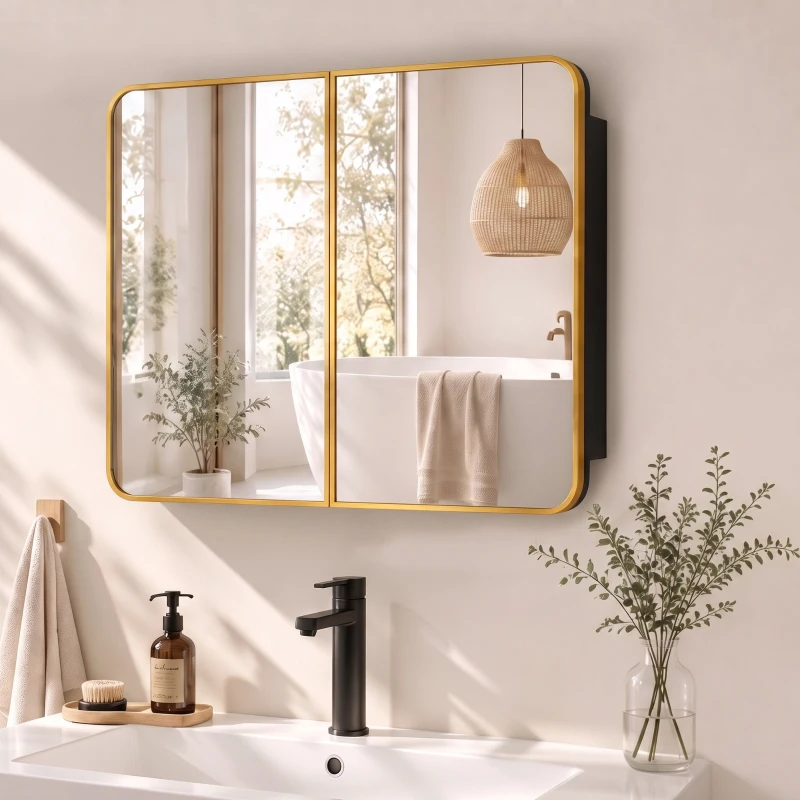HOMCOM 76.2 x 11.6 x 61 cm Bathroom Mirror Cabinet, Wall Cabinet with Adjustable Shelves, Wall-Mounted or Recessed, Gold Tone