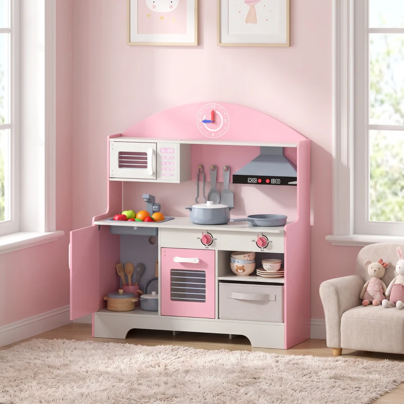 AIYAPLAY Kids Play Kitchen with Lights & Sounds, Pretend Play Toy set with Fabric Drawer, 5-Piece Accessories for 3-6 Years, Pink