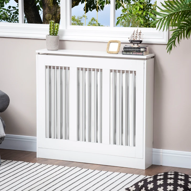 HOMCOM Radiator Cover Vertical Slatted Grille Heater Cover Top Shelf MDF Steel for Heat Circulation 90 x 18 x 84 cm White