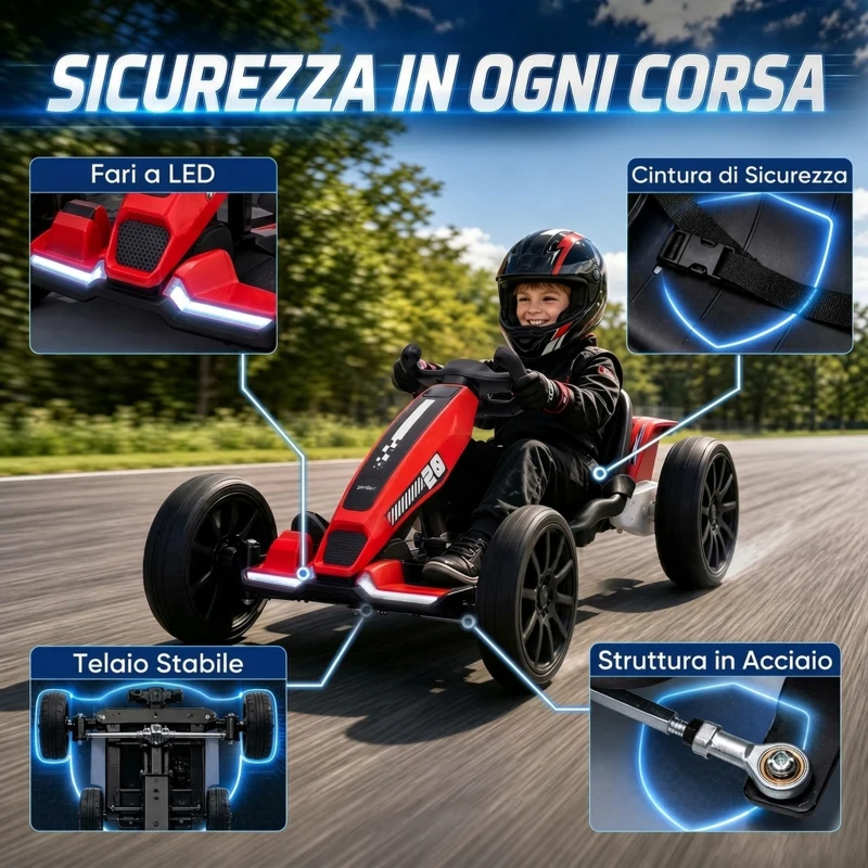 AIYAPLAY Go-Kart Elettrico per Bambini 3-6 Anni 12V con 2 Motori, Avvio Morbido, Sedile Regolabile e Luci LED, Rosso