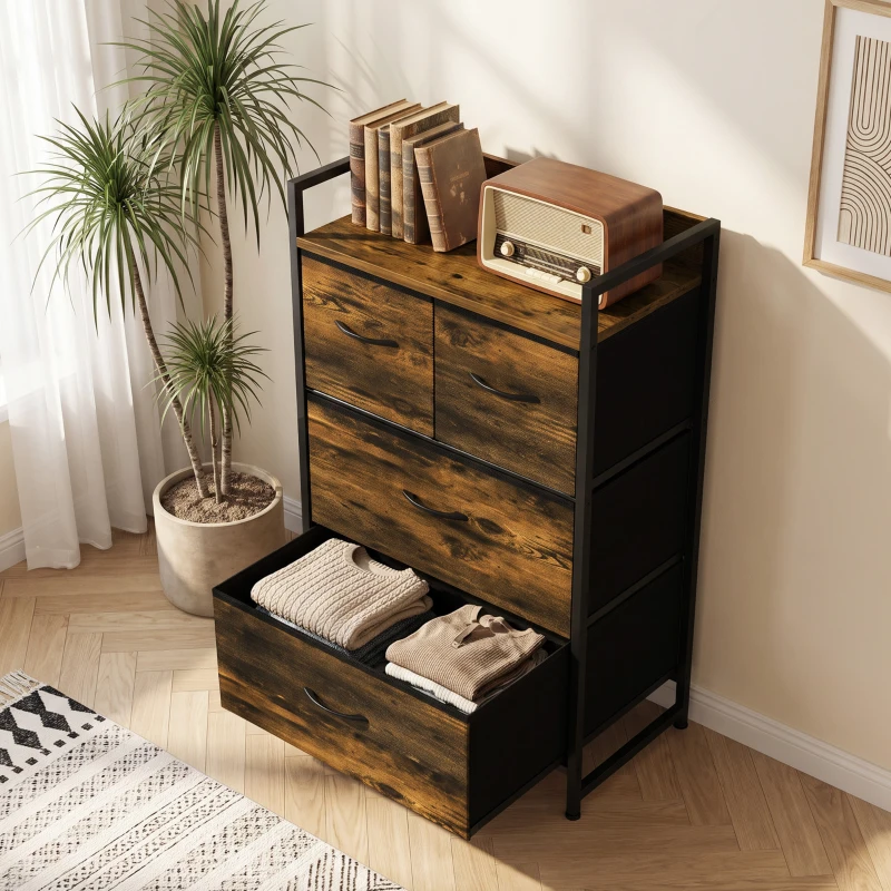 HOMCOM Cómoda com 4 Gavetas em Tecido para Quarto, com Prateleira Superior e Estrutura Metálica, Castanho Rústico