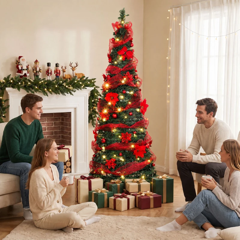 HOMCOM Árvore de Natal Artificial 180 cm com 150 Luzes LED 200 Ramos 11 Modos Bolas Fitas e Suporte Dobrável Verde e Vermelho