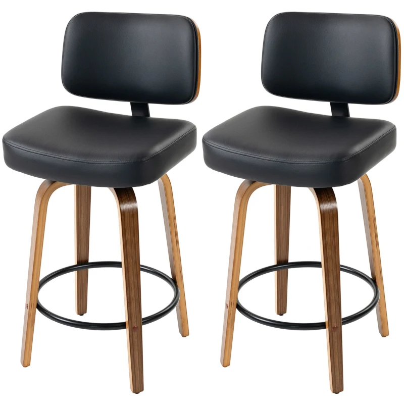 HOMCOM Bar Stools 360° Swivel Breakfast Bar Stools Padded PU Seat Footrest Set of 2 Black