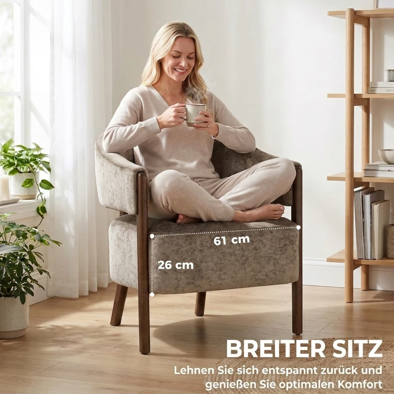 HOMCOM Akzentstuhl, Chenille-Polstersessel mit Massivholzrahmen und Beinen, Hellbraun