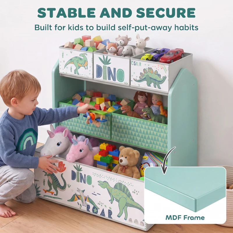 AIYAPLAY Toy Storage Organiser, 3-Tier Wooden Kids Toy Storage Rack with 6 Fabric Storage Bins for Bedroom, Kids Room, Green