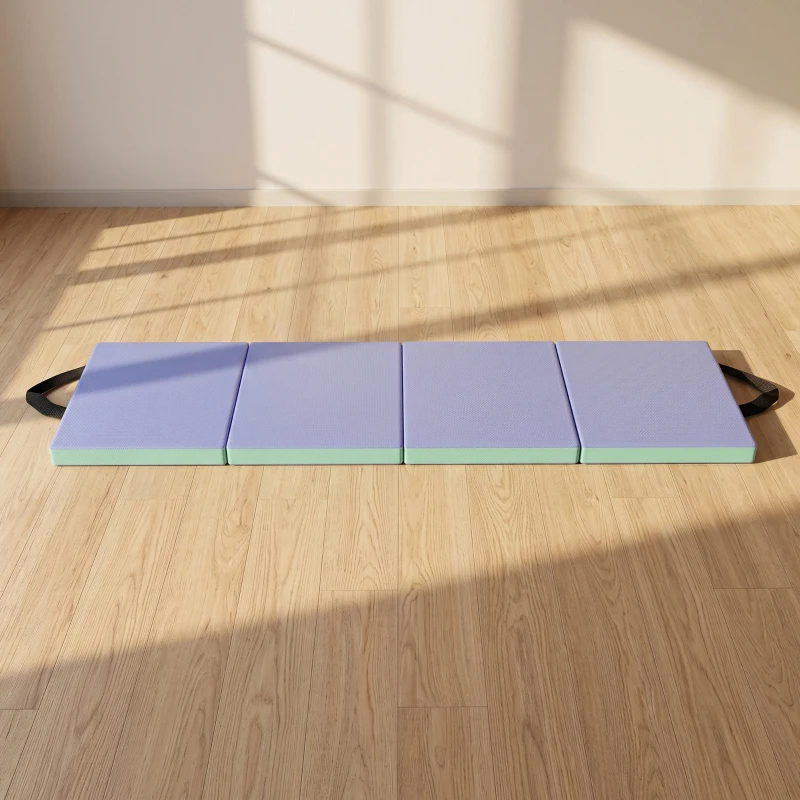 SPORTNOW Tapis de gymnastique pliable portable, tapis de sport épais en 4 parties avec poignées, 180 x 60 x 5 cm, vert et violet