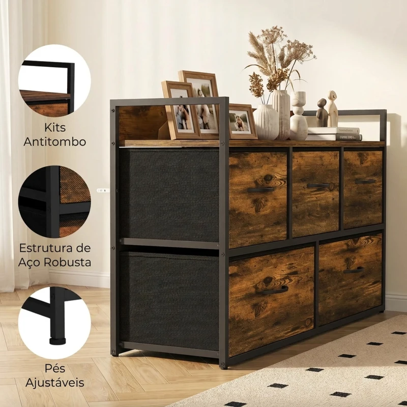 HOMCOM Cómoda de Quarto com 5 Gavetas, Cómoda em Tecido com Tampo de Madeira, Castanho e Preto