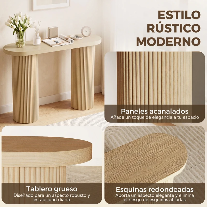HOMCOM Mesa Consola con Patas Acanaladas Almacenamiento Oculto Patas de Columnas 103x35x80 cm Roble