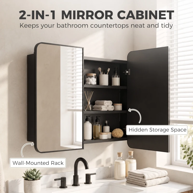 HOMCOM 76.2 x 11.6 x 61 cm Bathroom Mirror Cabinet, Wall Cabinet with Adjustable Shelves, Wall-Mounted or Recessed, Black
