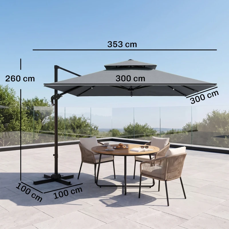 Outsunny 3 x 3(m) Cantilever Parasol with Aluminium Frame, Crank and Tilt, 360-Degree Rotation, Double Top Garden Umbrella with Cover (Only Cross Base), Light Grey