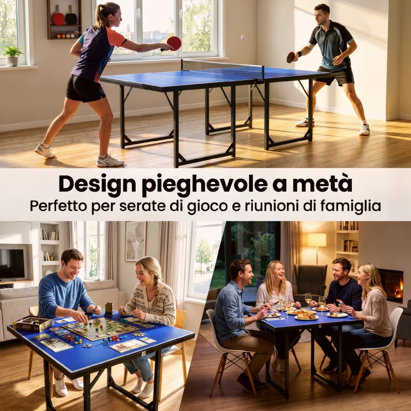 HOMCOM Tavolo da Ping Pong Pieghevole per Interni, Tavolo Ping Pong con Rete, Montaggio Non Richiesto, 182x91 cm, Blu e Viola