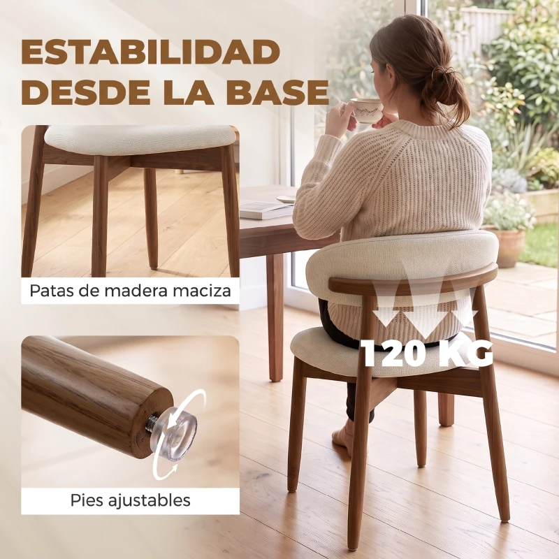 HOMCOM Juego de 2 Sillas de Comedor Tapizadas de Lino sin Brazos Respaldo Curvado Patas de Madera de Caucho Crema