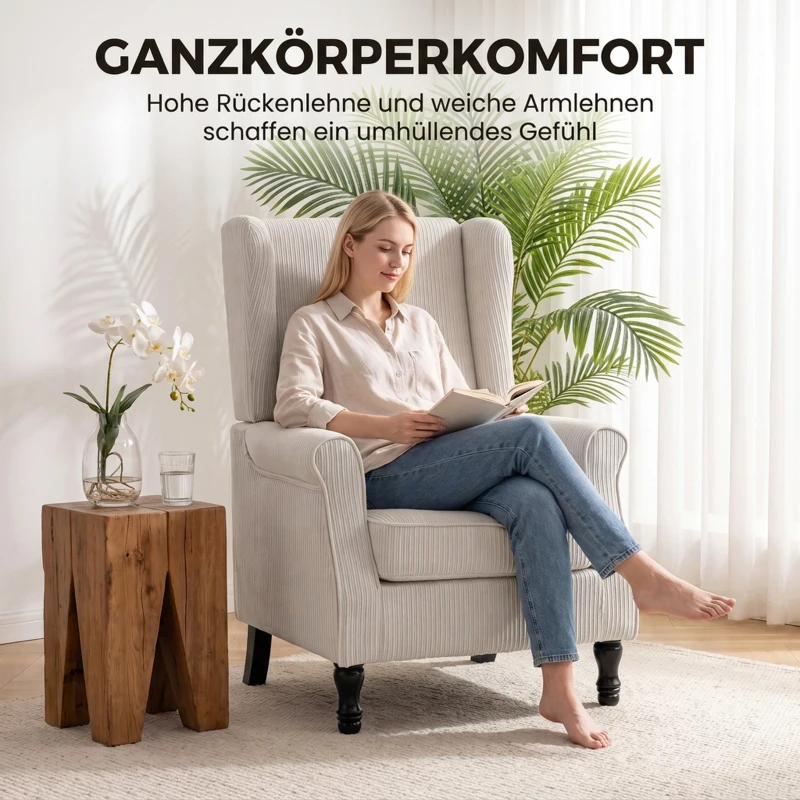 HOMCOM Oorfauteuil met armleuningen, loungefauteuil van cord met lendenkussen, hoge rugleuning, beige