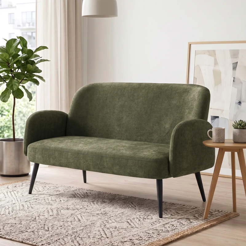 HOMCOM 132cm 2 Seater Sofa, Velvet Comfy Small Sofa Couch with Wide Seat, Thick Padding, Tapered Metal Legs, Green