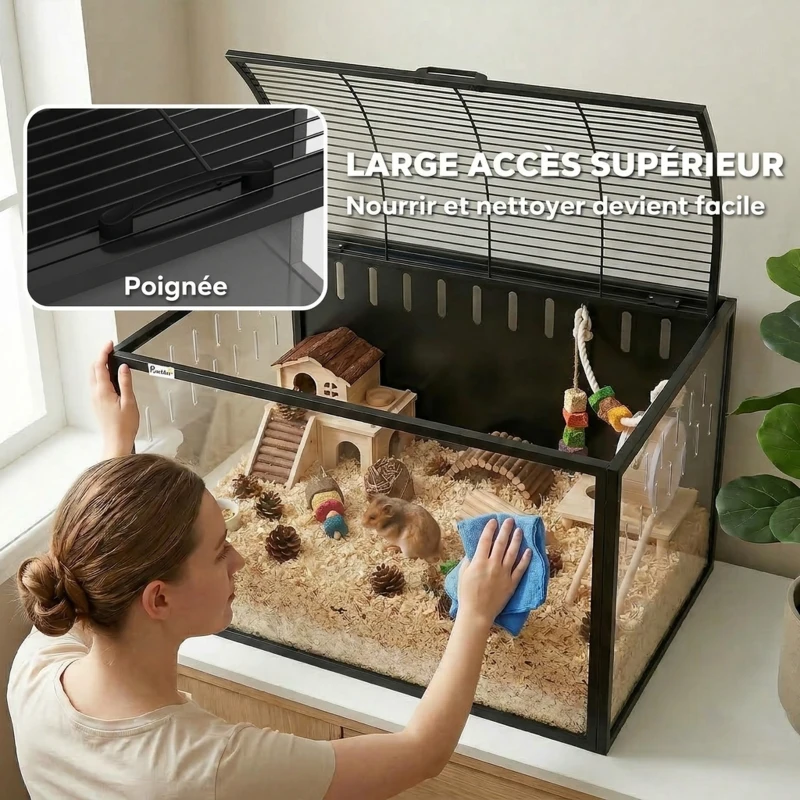 PawHut Cage à Hamster Géante Habitat pour Rongeur en Acier et Acrylique Transparent Vue Panoramique 81 x 51 x 53 cm Noir