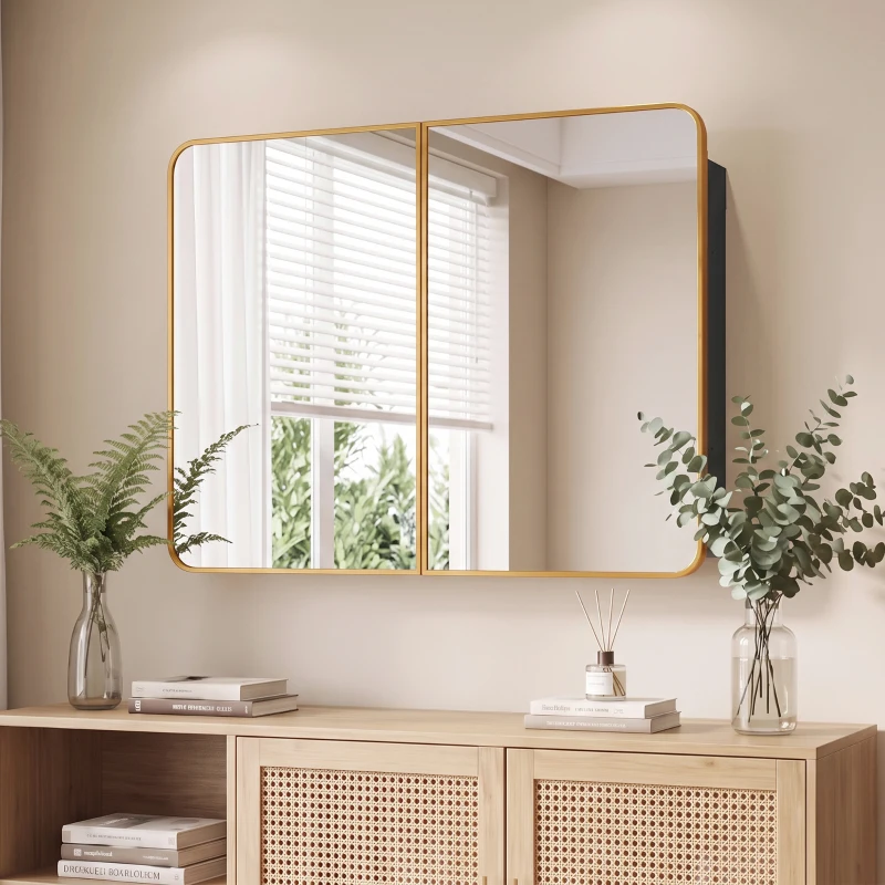 HOMCOM 76.2 x 11.6 x 61 cm Bathroom Mirror Cabinet, Wall Cabinet with Adjustable Shelves, Wall-Mounted or Recessed, Gold Tone