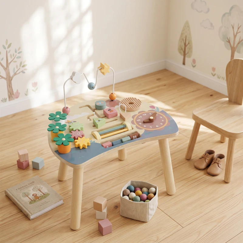 AIYAPLAY Table d'Activités en Bois pour Bébé 1-3 Ans 6 en 1 avec Engrenages, Labyrinthe de Perles, Horloge Rotative et Carottes