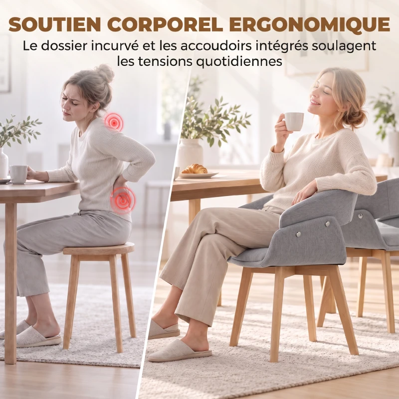 HOMCOM Lot de 2 Chaises Salle à Manger, Chaises de Cuisine en Tissu Effet Lin, Dossier Incurvé, Pieds en Bois de Hêtre, Gris