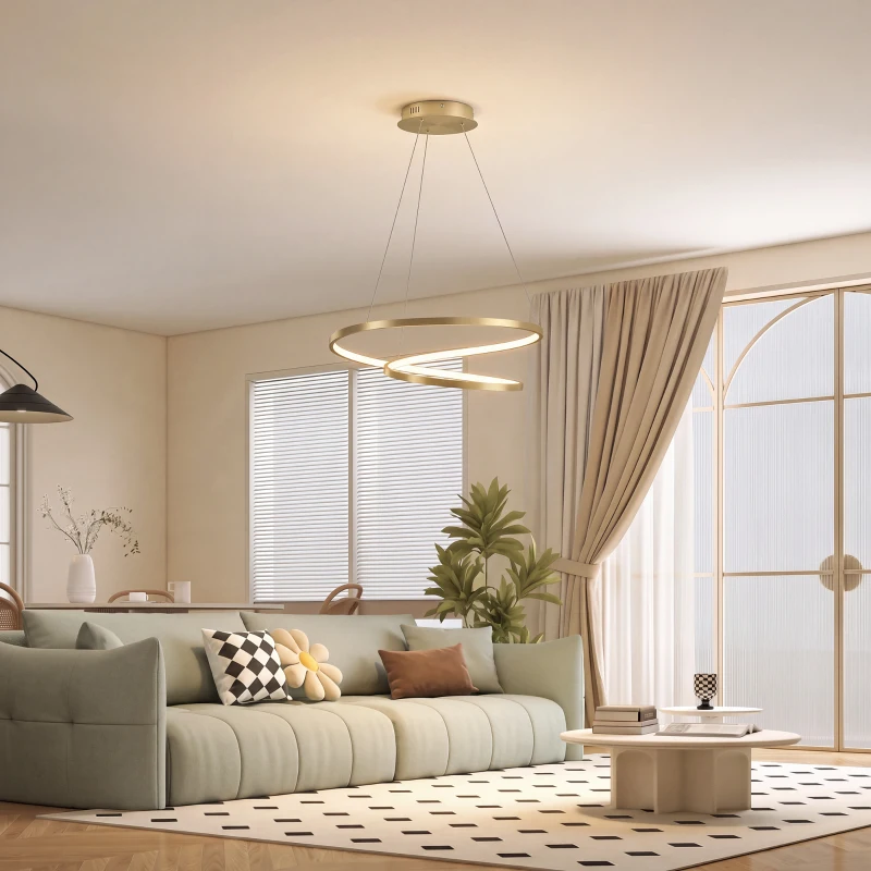 HOMCOM 38W Lâmpada Pendente LED com 2 Anéis e 3 Temperaturas de Cor, 3000-6000K, Altura Ajustável, Ouro