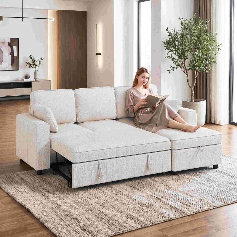 HOMCOM Canapé d'Angle Convertible en Chenille, Canapé-Lit 3 Places Modulaire 225 cm avec Pouf de Rangement, Beige