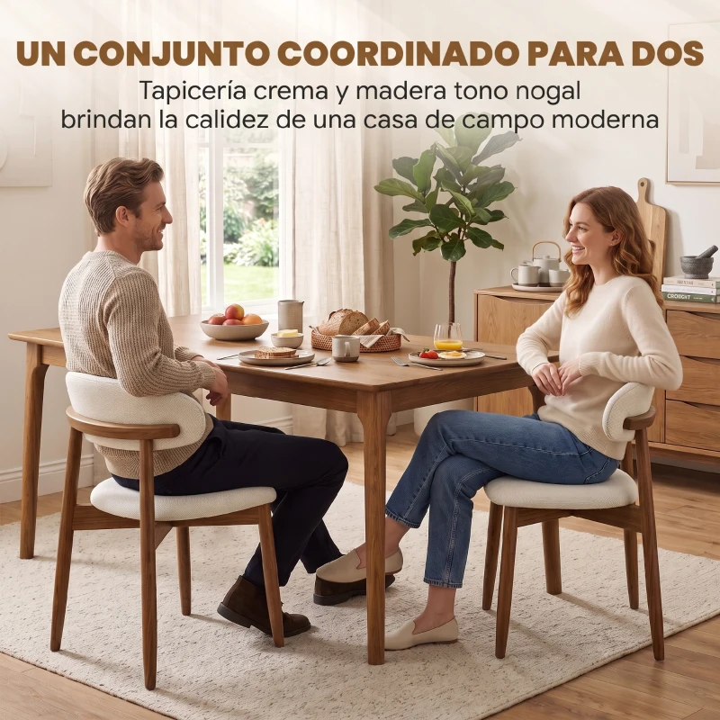 HOMCOM Juego de 2 Sillas de Comedor Tapizadas de Lino sin Brazos Respaldo Curvado Patas de Madera de Caucho Crema