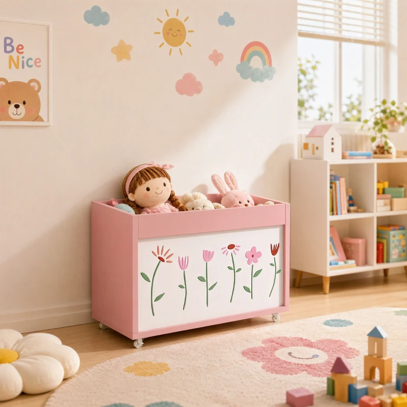 AIYAPLAY Cufăr pentru jucării copii 3-8 ani cu roți, 34,5 L, 15 kg, 50 x 30 x 33,5 cm, pentru dormitor, roz