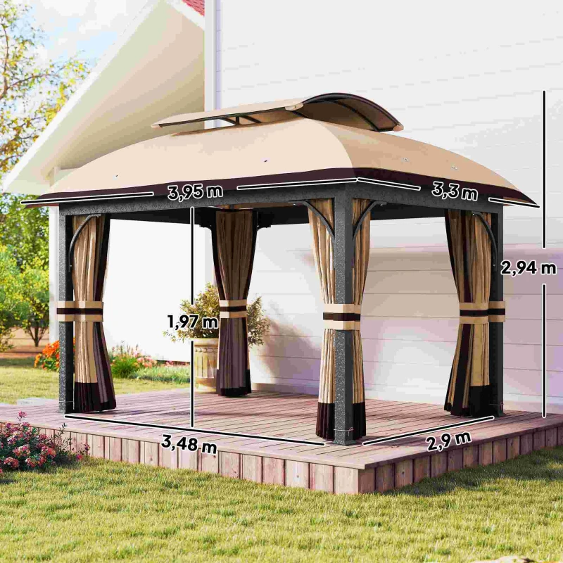 Outsunny Tuinpaviljoen, 3,3 x 4 m tent met netgordijnen, tweelaags dak, kunstleder dak, metalen frame, khaki