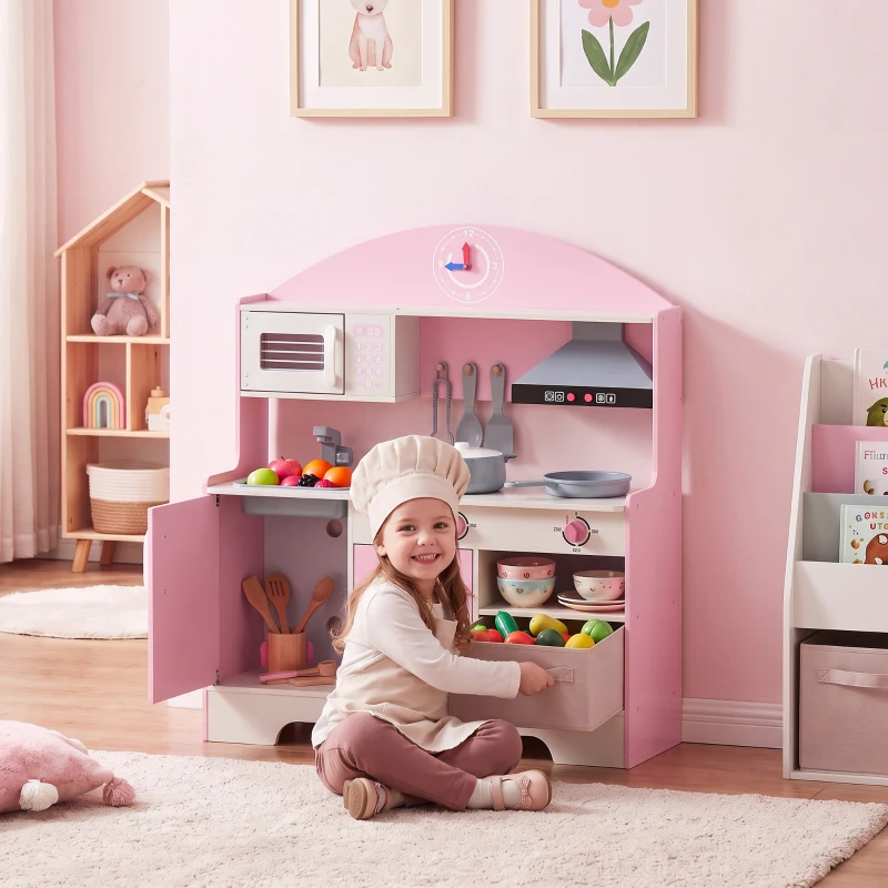 AIYAPLAY Kids Play Kitchen with Lights & Sounds, Pretend Play Toy set with Fabric Drawer, 5-Piece Accessories for 3-6 Years, Pink