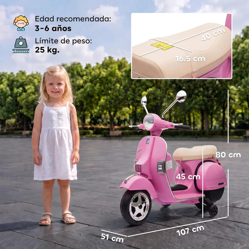 AIYAPLAY Moto Eléctrica Niños 12V Vespa PX150 Ruedas Auxiliares 2 Motores Suspensión Trasera Música Faros 3 km/h 3-6 Años Rosa