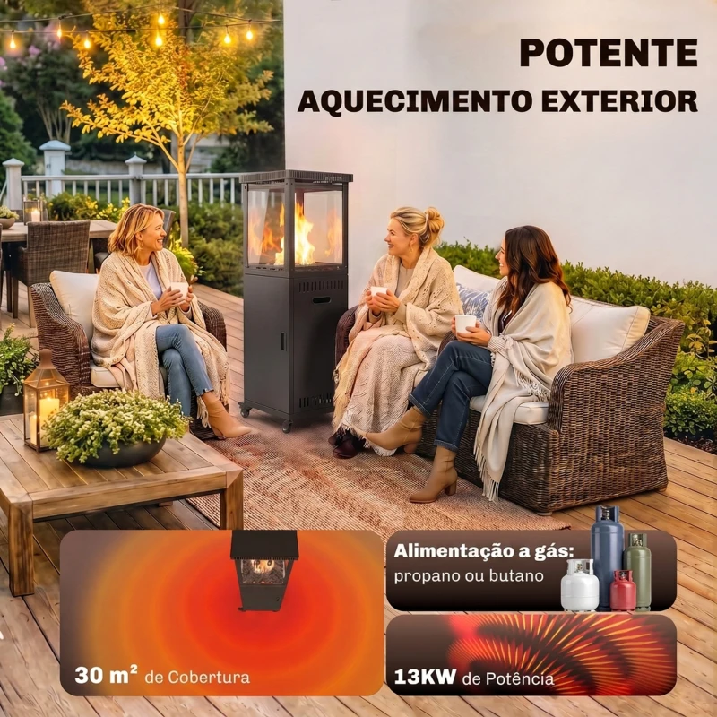 Outsunny Aquecedor a Gás para Terraço 13 kW Portátil a Propano Regulação Contínua Sistema Antiqueda 4 Rodas Preto