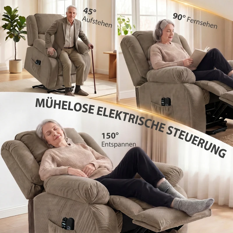 HOMCOM Fernsehsessel mit Massage- und Wärmefunktion, Elektrischer Aufsteh-Sessel, Fernbedienung, Seitentaschen, Hellbraun