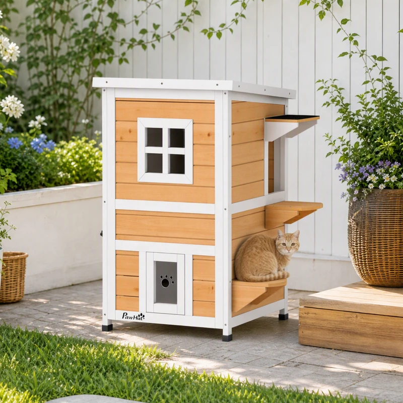 PawHut Caseta para Gatos de Madera Exterior de 2 Niveles con Techo Abatible Panel Central Extraíble 51x51x81,3 cm Natural