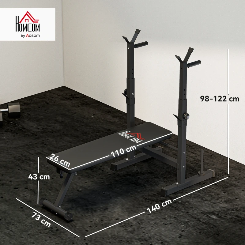 HOMCOM Panca Pesi Pieghevole con 8 Altezze Regolabili e Supporto Bilanciere in Acciaio e PU, 140x73x98-122 cm, Nera