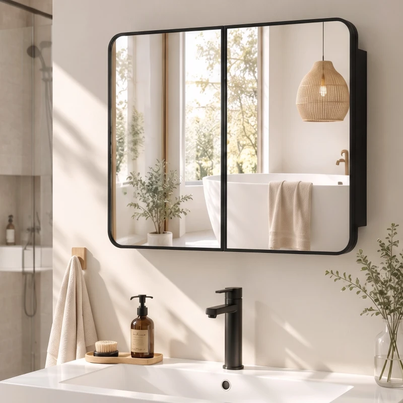 HOMCOM 76.2 x 11.6 x 61 cm Bathroom Mirror Cabinet, Wall Cabinet with Adjustable Shelves, Wall-Mounted or Recessed, Black