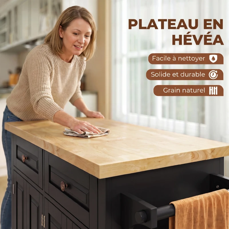 HOMCOM Îlot Central Cuisine avec Plateau en Hévéa, Desserte de Cuisine sur Roulettes avec 2 Tiroirs, 111 x 44,5 x 82,5 cm, Noir