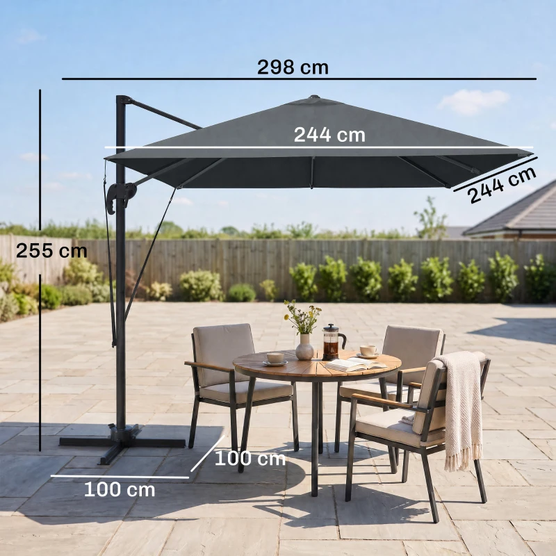 Outsunny Ombrellone da Giardino 2.5x2.5 m a Braccio, Girevole a 360° con Manovella e Base a Croce, Grigio Scuro