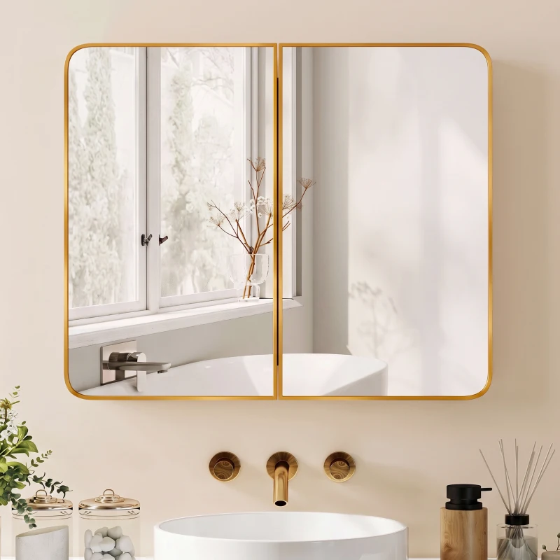 HOMCOM 76.2 x 11.6 x 61 cm Bathroom Mirror Cabinet, Wall Cabinet with Adjustable Shelves, Wall-Mounted or Recessed, Gold Tone