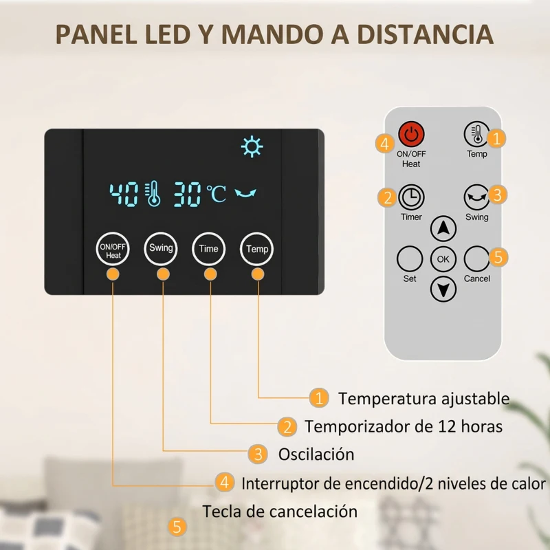 HOMCOM Calefactor Eléctrico de Pared 1000W/2000W Estufa con Pantalla LED y Mando a Distancia 54,5x12x21,5 cm Gris