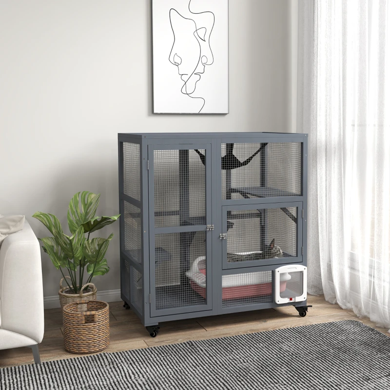 PawHut Gaiola Interior para Gatos em Madeira com Rodas, Portas, Plataformas de Salto, Rede e Topo Basculante, 110x100x60 cm, Cinzento