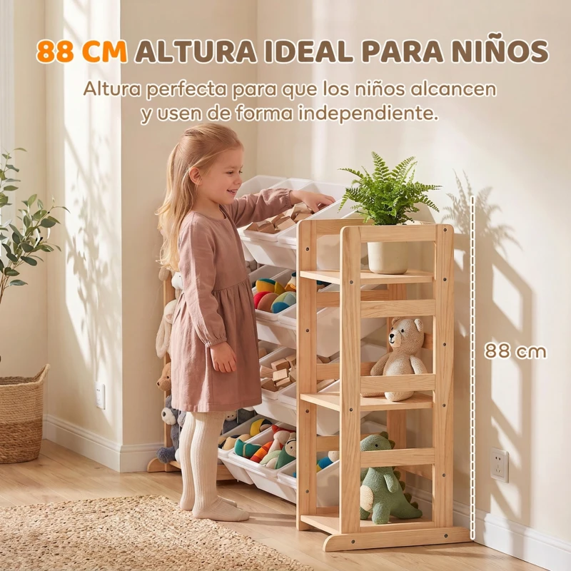 AIYAPLAY Estantería Infantil de Juguetes de Madera con 12 Cajas Organizador de Peluches 3 Estantes 146x39,5x88 cm Natural