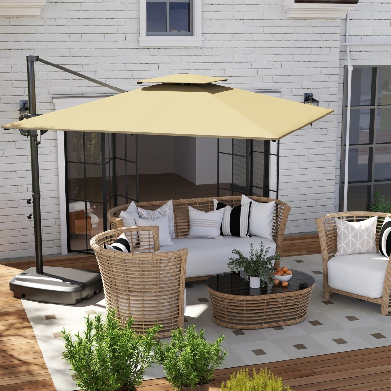 Outsunny Ombrellone a Braccio 2.5x2.5 m con Base Riempibile, Manovella e Testa Inclinabile, Cachi