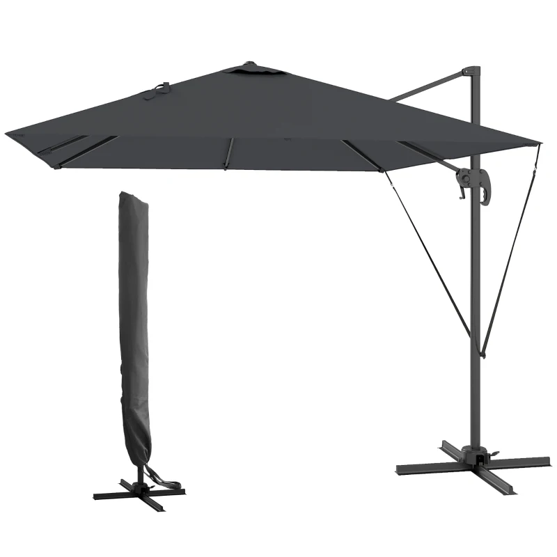 Outsunny Ombrellone da Giardino 2.5x2.5 m a Braccio, Girevole a 360° con Manovella e Base a Croce, Grigio Scuro