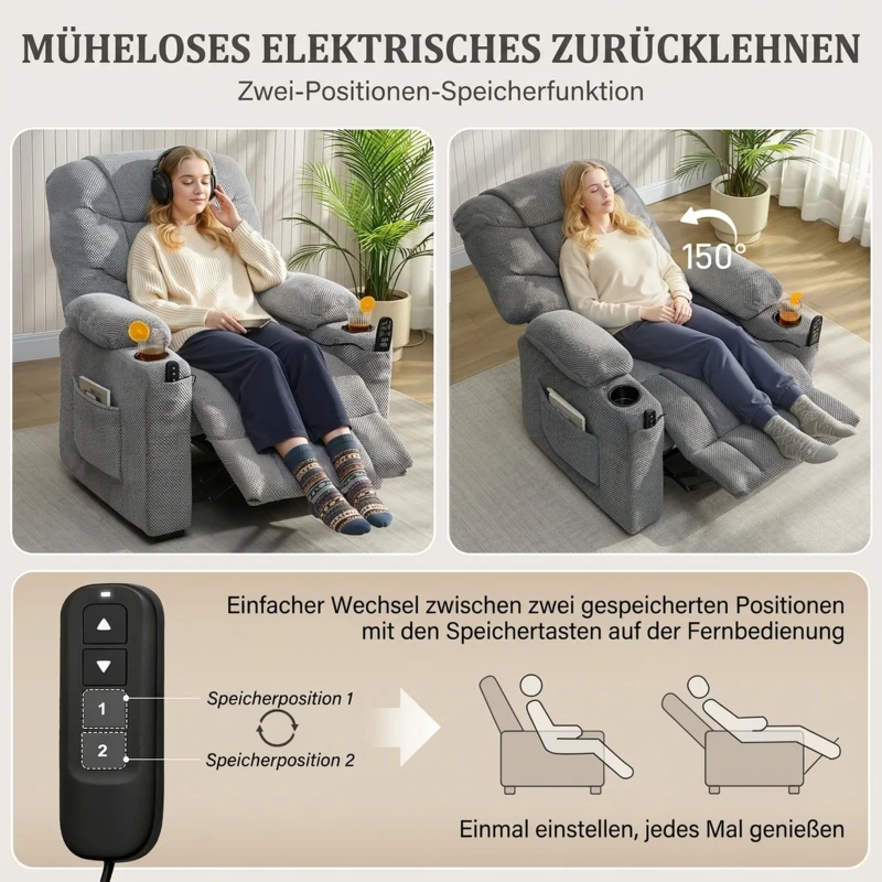 HOMCOM Elektrische Relaxfauteuil met Massage en Warmte, Stille Motor en Geheugenfunctie, Donkergrijs
