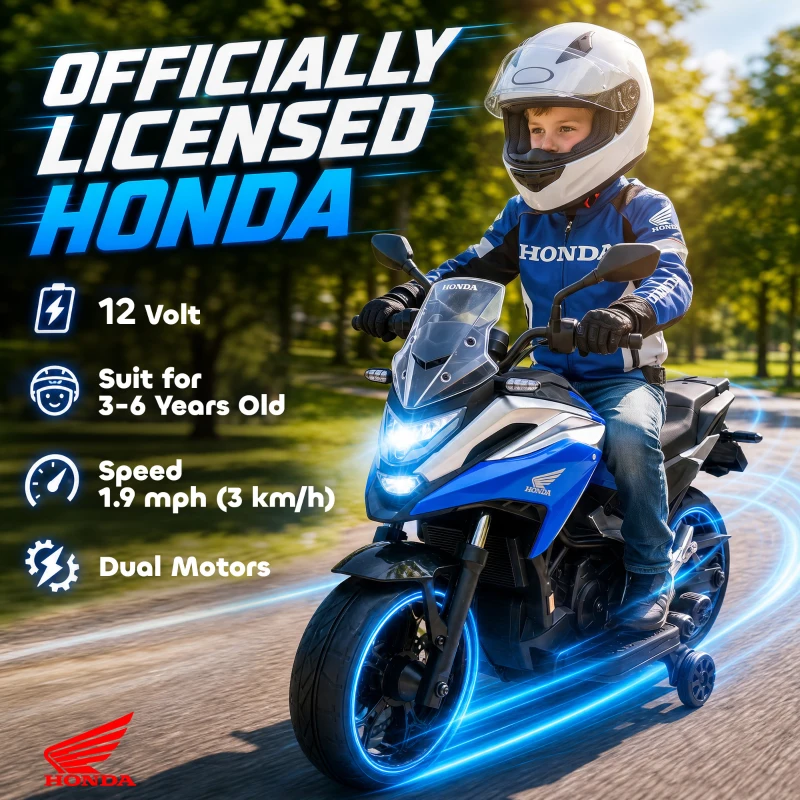 AIYAPLAY Licensed Honda 12V Kids Electric Motorbike with Training Wheels, Soft Start, Headlights, Music for 3-6 Years, Blue