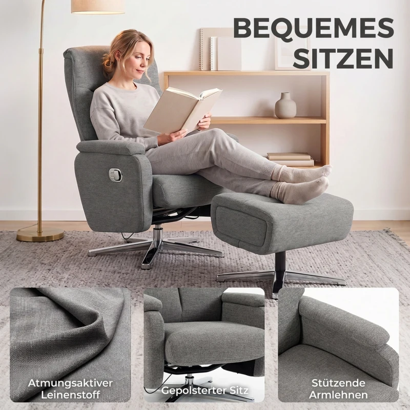 HOMCOM Handmatig verstelbare relaxstoel, loungestoel met hocker, donkergrijs